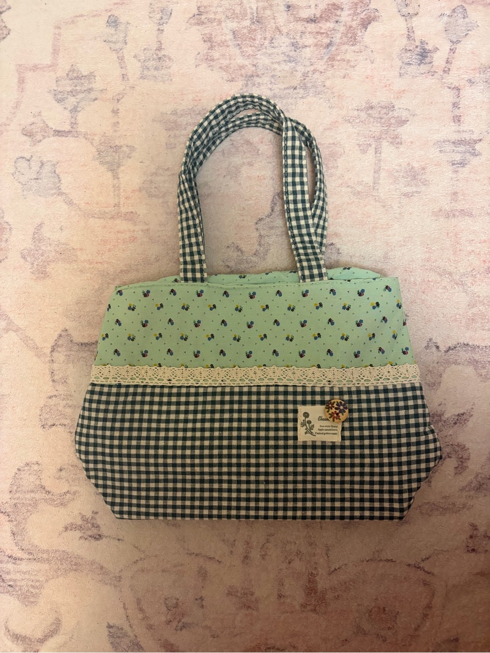 Green Floral & Gingham Tote Handbag